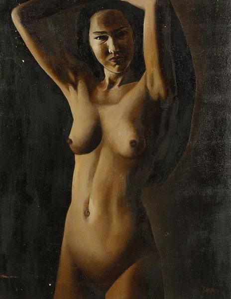 ROMANOV
Femme aux bras levés, 1992. Huile sur toile.Signée en bas à droite. Signée et datée au dos.67 x 51 cm