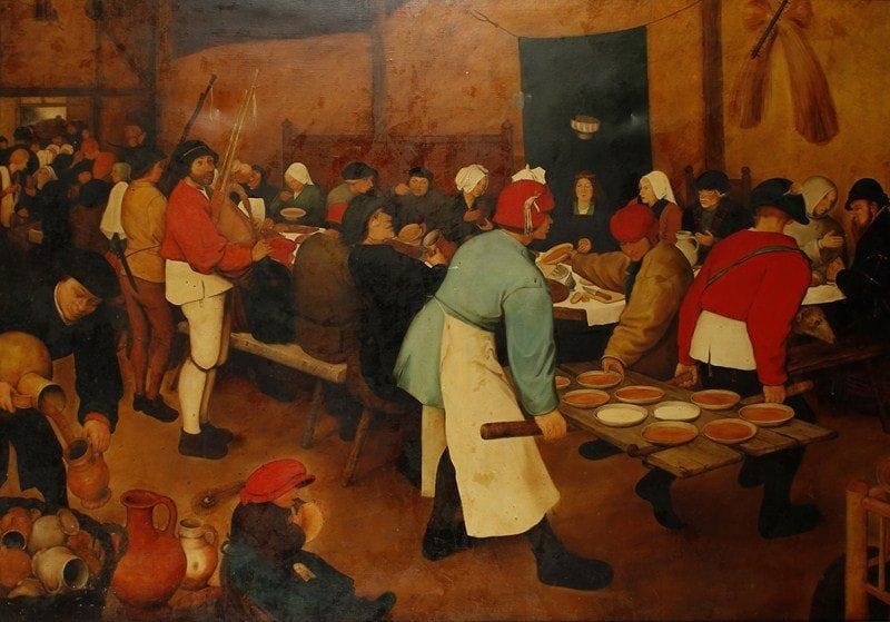ÉCOLE RUSSE
Le banquet (d'après Brueghel). Huile sur toile.Non signée.. 115 x 164 cm