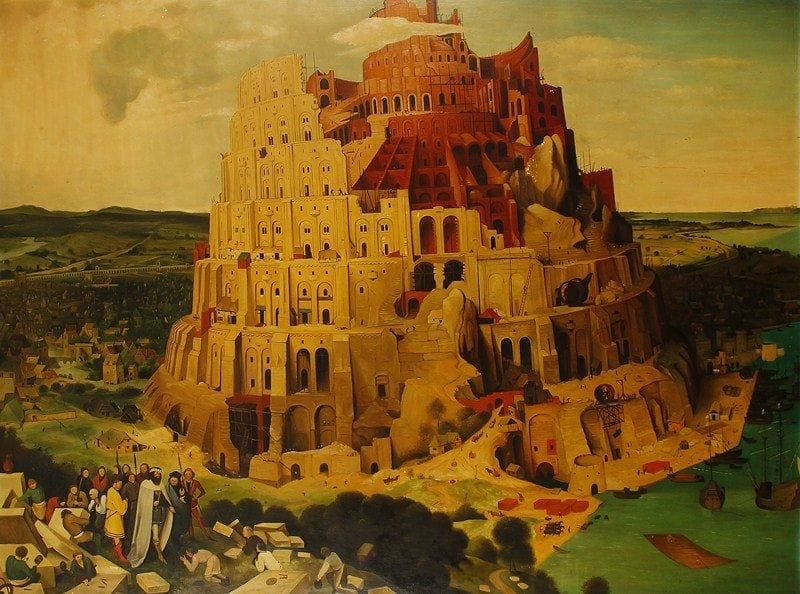 ÉCOLE RUSSE
La tour de Babel. Huile sur toile.Non signée.. 115 x 165 cm