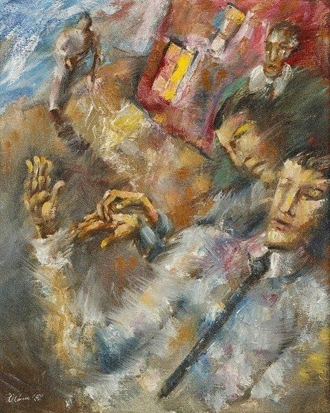 ÉCOLE RUSSE
Personnages aux mains, 1992. Huile sur toile.Signée et datée en bas à gauche. Signée et titrée au dos.60 x 50 cm