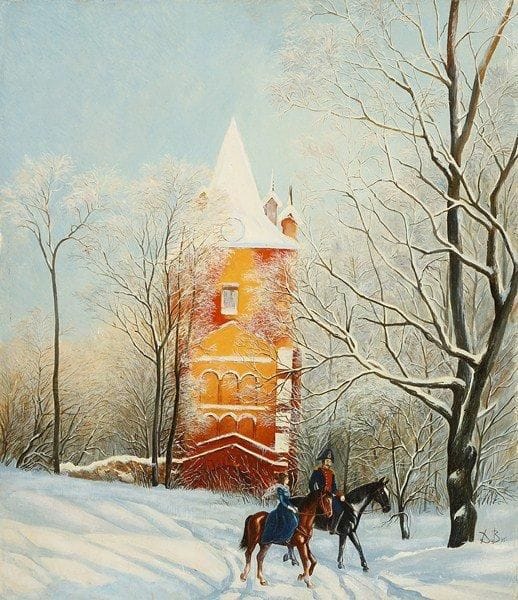 ÉCOLE RUSSE
Promenade équestre en hiver, 1995. Huile sur toile.Monogrammée et datée en bas à droite.. 58 x 50 cm