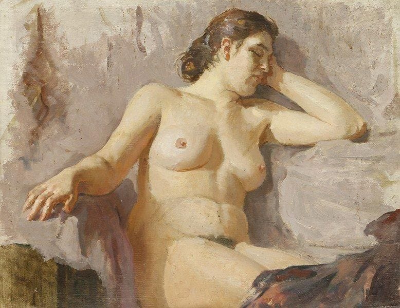 ÉCOLE RUSSE
Femme nue assise. Huile sur toile.Non signée.. 63 x 46 cm