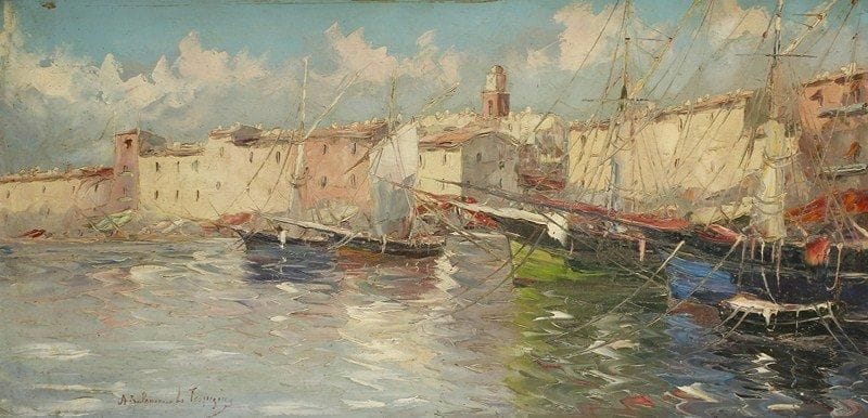 A. SALOMONE
Bateaux au port. Huile sur toile.Signée en bas à gauche.. 110 x 160 cm