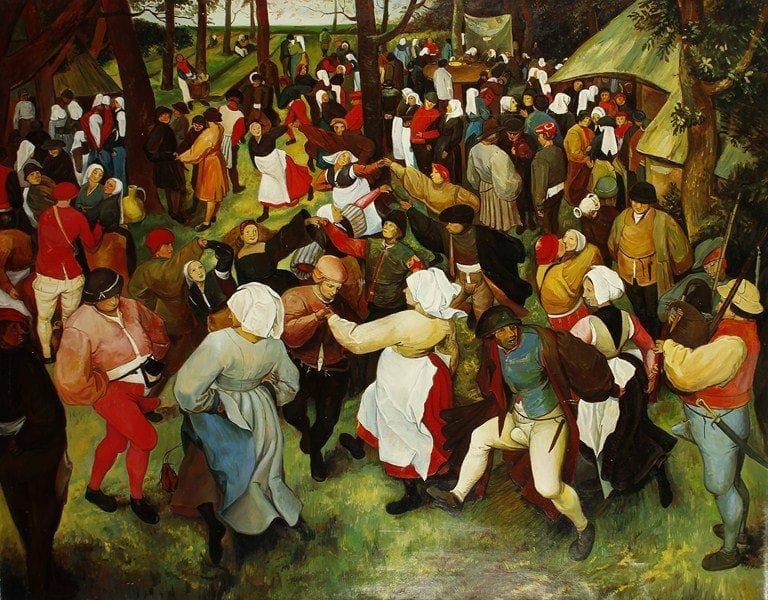 A. SARIBEKYAN
La fête paysanne (d'après Brueghel), 1991. Huile sur toile. Signée et datée au dos.80 x 60 cm