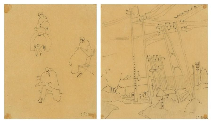 S. BLUM
Paysage - Étude de personnages. Dessin à l'encre sur papier calque.Signée en bas à droite.. 10 x 13 cm et 16 x 17 cm