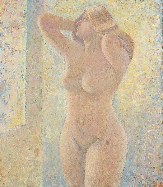 Victor SHLYACHTIN
Morning in May, 1991. Huile sur toile.Monogrammée en bas à droite. Signée, datée et titrée au dos.96 x 84 cm