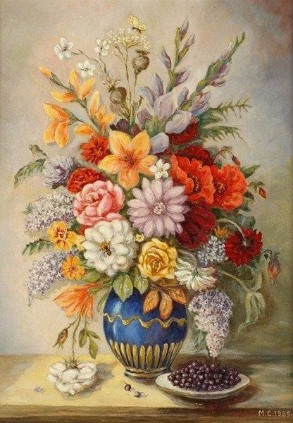 M.T SOKOLSKY
Nature morte aux fleurs, 1989. Huile sur toile.Monogrammée et située en bas à droite. Signée, datée et titrée au dos.70 x 50 cm