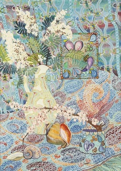L.P TCIBIZOVA
Nature morte à l'acacia, 1991. Huile sur toile.Monogrammée et datée en bas à droite. Signée et titrée au dos.78 x 56 cm