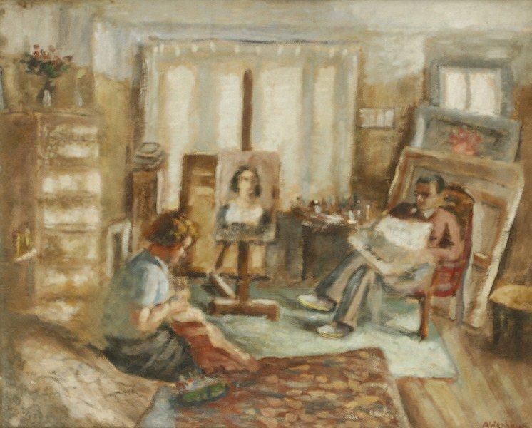 A. WENBAUM
L'atelier du peintre, 1936. Huile sur toile.Signée et datée en bas à droite.. 40 x 76 cm