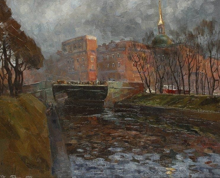 BOUZINOV
Bord de Neva, 1991. Huile sur toile.Signée, datée et située en bas à gauche. Signée au dos.65 x 80 cm