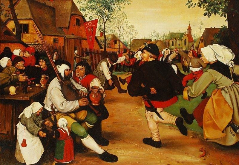 D'après BRUEGHEL
La fête au village. Huile sur toile.Non signée.. 49 x 70 cm