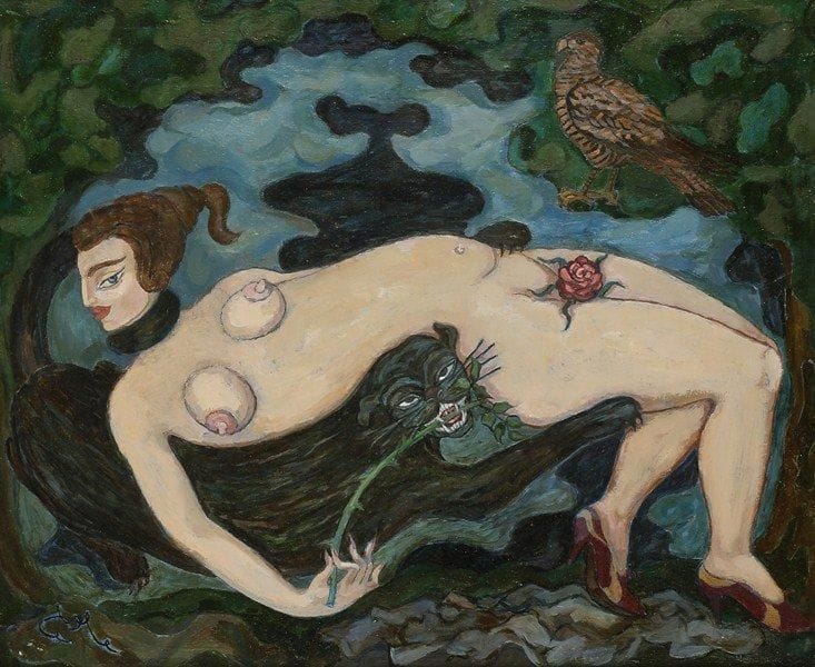 S.A CHAPLYGUIN
Femme à la panthère. Huile sur toile.Monogrammée en bas à gauche. Signée au dos.50 x 60 cm