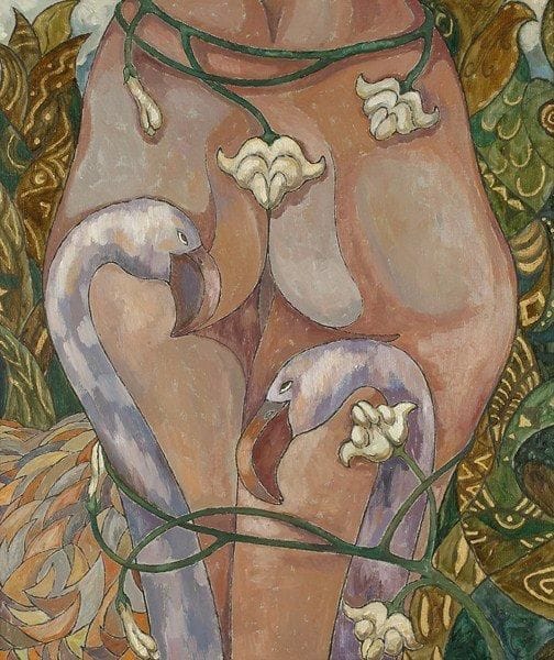 S.A CHAPLYGUIN
Femme aux flamands, 1994. Huile sur toile.Monogrammée en bas à gauche. Signée et datée au dos.70 x 60 cm