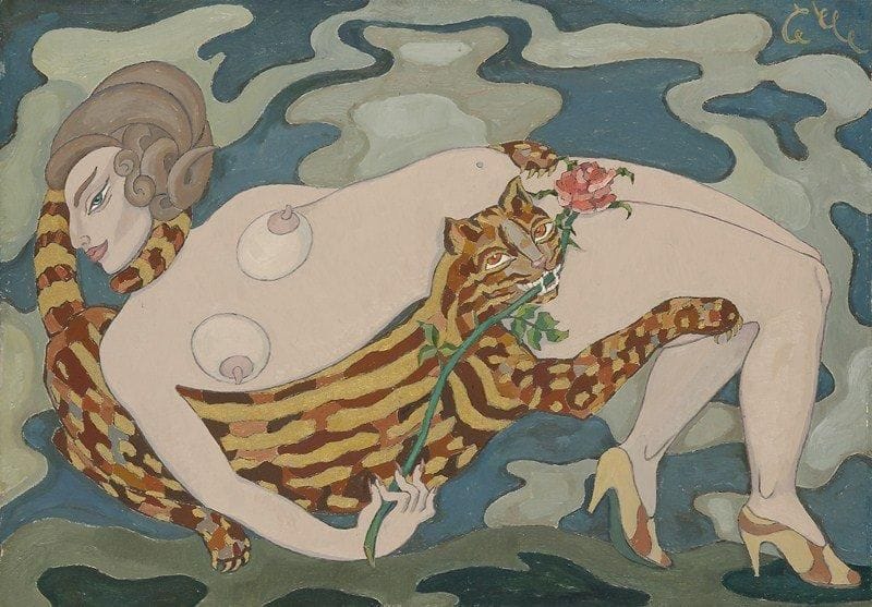 S.A CHAPLYGUIN
Femme au léopard. Huile sur toile.Monogrammée en haut à droite. Signée au dos.38 x 54 cm