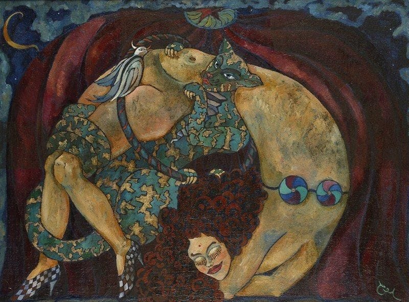 S.A CHAPLYGUIN
Femme au chat. Huile sur toile.Monogrammée en bas à droite. Signée au dos.50 x 70 cm