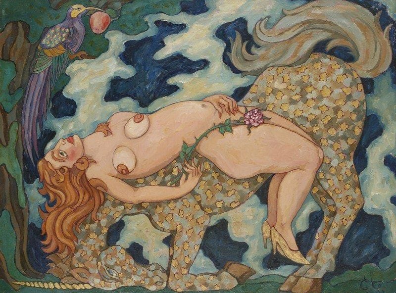 S.A CHAPLYGUIN
Femme à la licorne, 1993. Huile sur toile.Monogrammée en bas à droite. Signée, datée et titrée au dos.60 x 80 cm