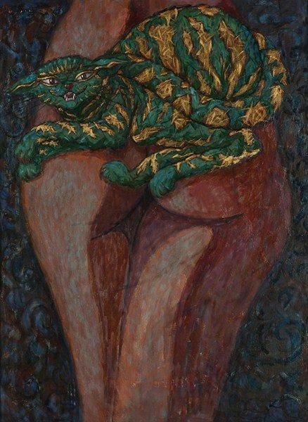 S.A CHAPLYGUIN
Femme au chat vert, 1994. Huile sur toile.Signée et datée en bas à droite.. 80 x 60 cm