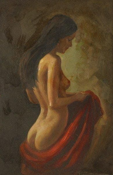 DEFOSSE
Femme au drap rouge. Huile sur toile.Signée en bas à droite.. 55 x 38 cm