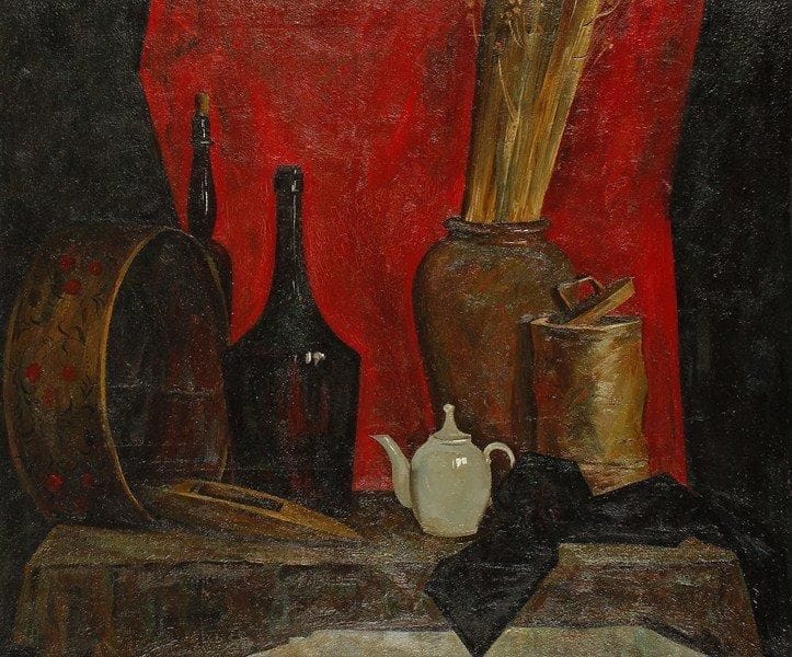 I.V DORGOVA
Nature morte fond rouge, 1992. Huile sur toile. Signée, datée et titrée au dos.67 x 80 cm