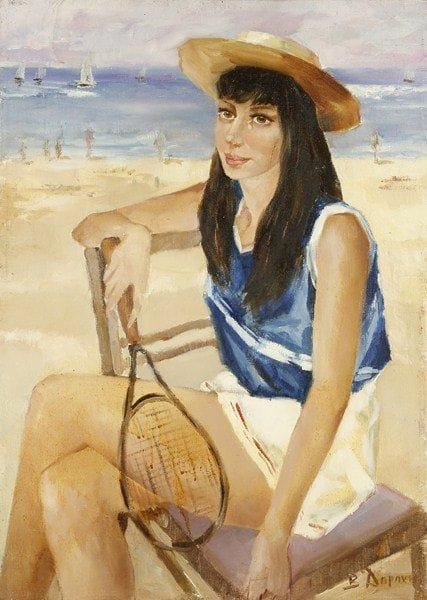 V. DORPOUN
Jeune fille et la plage, 1994. Huile sur toile.Signée en bas à droite. Signée, datée et titrée au dos.70 x 50 cm