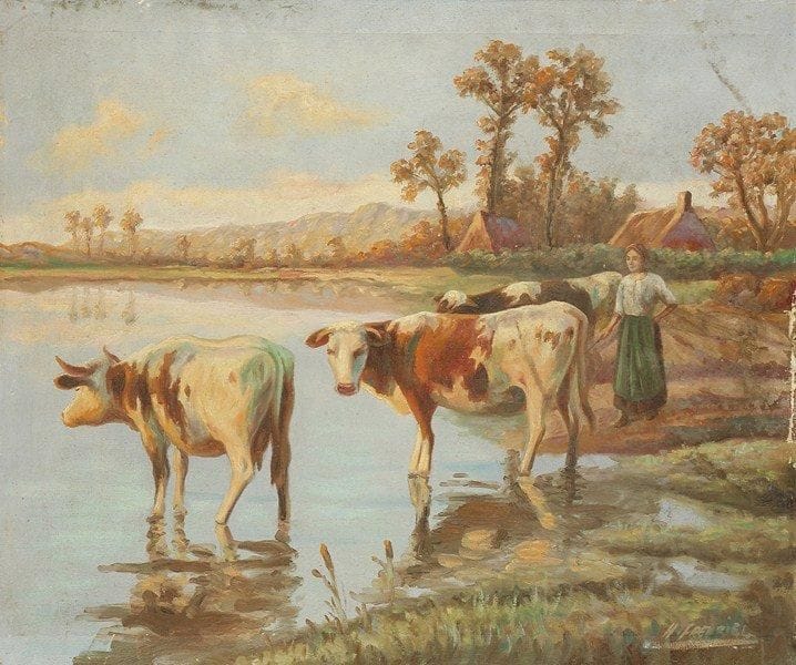 H. FRENKIEL
Les vaches au guet. Huile sur toile.Signée en bas à droite.. 54 x 65 cm