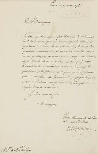 LA GALAISIÈRE Antoine Chaumont de (1727-1812) - Lettre signée au Maréchal de Ségur. Paris, 17 mars 1785, une p. in-folio en français, nom du destinataire en bas de page. Curieuse lettre au sujet de l'autorisation de se marier demandée par Isaac Marx Lévy, montrant que l'intention des autorités en promulguant le règlement de 1784 était de limiter les installations des Juifs en Alsace et d'accepter alors surtout les plus riches: «... je voyois d'autant moins d'inconvénient à accorder à ce Juif la permission qu'il sollicite, qu'il n'y a pas d'apparence qu'il ait des enfans de la femme qu'il se propose d'épouser, et qu'il a d'ailleurs une fortune de 40.000/l. qu'il a acquise dans le commerce». La Galaisière (1727-1812), fils d'un chancelier de Lorraine, sera intendant d'Alsace et un des opposants actifs à l'émancipation des Juifs de l'Est (Robert Badinter, loc. cit., pp. 60/et 61)