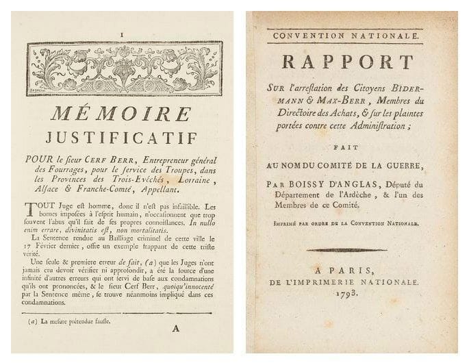 Recueil - Cerf Berr et sa famille 1783 - an 4 (1796) 1. Mémoire justificatif pour le sieur Cerf Berr, Entrepreneur général des Fourrages, pour le service des Troupes, dans les provinces des Trois-Evêchés, Lorraine, Alsace & Franche-Comté, Appelant. S.l.n.d. (in fine: Metz, Collignon, 1783), 80/pp. c. la dernière blanche, bandeau gravé sur bois en tête, couverture muette d'origine conservée portant l'inscription manuscrite «Monsieur de Charly, Grand Prévot de la Maréchaussée». Non retrouvé dans Szajkowski (Franco-Judaica), ce texte témoigne de l'activité de Cerf Berr comme fournisseur des armées royales. 2. Société des Amis de la Liberté et de l'Egalité établie à Strasbourg. Lettre imprimée adressée en p. 4 à la Société des Amis de la Liberté et de l'Egalité de Poitiers (adresse manuscrite, marque postale de Strasbourg), Strasbourg, 8 septembre 1792, an 4 de la liberté et le premier de l'égalité, 2 pp. in-4, adresse manuscrite au verso du second feuillet. Lettre politique signée entre autres (signature imprimée) par Marx Beer. 3. BOISSY d'ANGLAS - Rapport sur l'arrestation des Citoyens Bidermann et Max- Berr, membres du Directoire des Achats, & sur les plaintes portées contre cette administration, fait au nom du Comité de la guerre... Imprimé par ordre de la Convention. Paris, Imprimerie nationale, 1793, 24 pp. in-8 titre compris, la dernière blanche. Le rapport conclut qu'il n'y a lieu à aucune inculpation contre le directoire des achats et recommande la mise en liberté de ceux de ses membres qui sont en état d'arrestation. Szajkowski, The Emancipation of Jews during the French Revolution (ci-après «Emancipation»), 183. L'ensemble relié en un vol. in-4 demi-chagrin mod