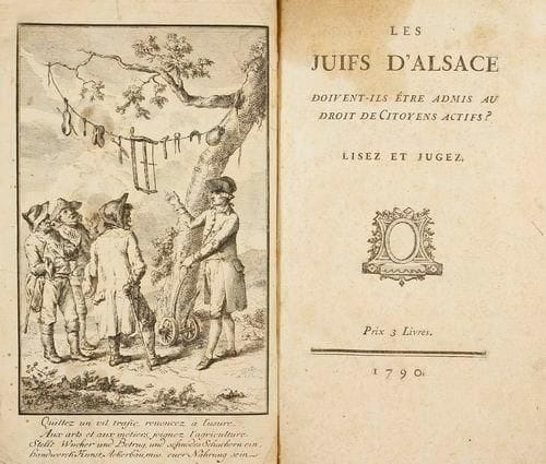 [SCARAMUZA]
Les Juifs d'Alsace doivent-ils être admis au droit de citoyens actifs. Lisez et jugez. S.l., s.n., 1790, deux parties de 208 et 46 pp. c. en un vol. in-8, rel. du XIXe siècle demi-chagrin, dos lisse orné de filets dorés, frontispice gravé. La seconde partie (pièces justificatives) reproduit, soit in-extenso soit en résumé, tout un ensemble de documents, dont beaucoup concernent le procès de Cerf Berr avec la ville de Strasbourg pour son droit de résidence (restauration à la marge sup. du frontispice, qui pourrait provenir d'un autre exemplaire; mouillure à l'angle sup. gauche du titre et des premiers ff.). Szajkowski, Emancipation, 131. Le texte a été aussi attribué à Hell ou à Rewbell, tous deux connus pour leur opposition à l'égalité pour les Juifs en général et pour ceux d'Alsace en particulier