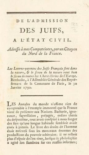 [SONNINI DE MANONCOURT]
De l'admission des Juifs à l'état-civil. Adresse à mes Compatriotes, par un Citoyen du Nord de la France. In fine: Nancy, Lamort, s.d. (1790), 16 pp. c. en un vol. petit in-8, cart. mod. Postérieur au 30/janvier 1790/et très favorable aux Juifs. Szajkowski, Emancipation, 178 (un seul ex. cité, dans la collection de l'auteur). Absent du catalogue de la BnF