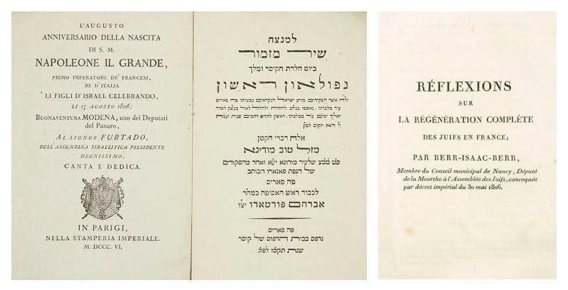 MODENA Bonaventura - L'augusto anniversario della nascita di S. M. Napoleone il Grande, primo imperatore de' Francesi, Re d'Italia Li figli d'Israel celebrando, il 15 Agosto 1806. Paris, Imprimerie Impériale, 1806, 12 pp. titres (en hébreu et en français) compris en un vol. in-8 br. sous couv. muette d'origine. Belle impression bilingue en italien et en hébreu, imprimée par J. J. Marcel, dédiée à Abraham Furtado. L'auteur était un des députés italiens à l'Assemblée des Notables israélites. Szajkowski, Judaica-Napoleonica, 208. Bel exemplaire, non rogné, tel que paru