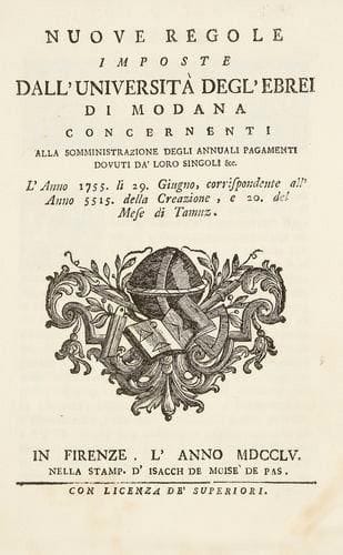 ITALIE - MODANA Nuove regole imposte dall'universita degl'Ebrei di Modana concernenti alla somministrazione degli annuali pagamenti dovuti da' loro singoli &. L'Anno 1755 li 29 Giugno, corrispondente all' Anno 5515 della Creazione, e 20/del mese di Tamuz. Florence, Isacch de Moise de Pas, 1755, 16 pp. titre compris en un vol. petit in-4, cart. ancien (mouillures claires). Texte bilingue italien et (résumé en) hébreu, concernant la répartition des impôts communautaires, sous la signature imprimée des administrateurs Angelo di David Fano, Abram Vita Levi, Lustro Rovigo, Raffael Vita Sanguinetti et Issache di Salomon Vita Sanguinetti