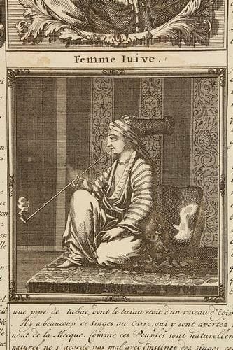 ÉGYPTE - Habillemens des Arabes & des Juifs qui sont au Caire avec une partie de leurs divertissemens & quelques restes de l'ancienne idolatrie des peuples d'Egipte. Gravure du XVIIIe siècle sur double page in-folio avec pli central, entièrement gravée, les illustrations représentant entre autres un «Habit des Juifs» et une «Femme Juive», légendés avec de nombreux détails. Très bel exemplaire (petite fente au pli)