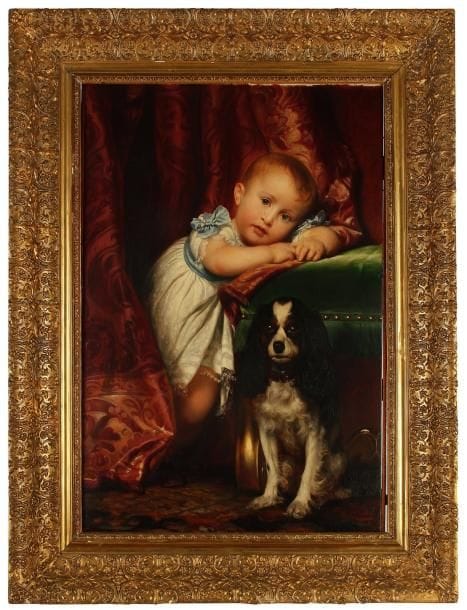 Paul DELAROCHE (Paris 1797 - 1856)
Portrait d'Horace Delaroche Panneau parqueté. 95 x 56,5 cm Surface peinte : 85 x 56 cm Inscription au revers Joseph/Carle Paul/Horace/Delaroche/né le 1er décembre/1837/10 janvier/1838. Restaurations. Provenance :  Collection Mme Horace Vernet ;  Collection Delaroche Vernet ; Toujours resté dans la famille.  Bibliographie :  H. Delaborde et J. Goddé, oeuvres de Delaroche, Paris, 1858, tome I, pl. 56, reproduit (mentionné comme Portrait de M. Horace Delaroche à l'âge de 3 ans, peint en 1841) ;  N. Ziff, Paul Delaroche. A study in Nineteenth-Century French History Painting, New York et Londres, 1977, n° 109, reproduit ;  S. Bann, Paul Delaroche, History Painted, Londres, 1997, p. 56, reproduit fig. 17 (mentionné comme Mr Horace Delaroche at the Age of five, 1841, oil on canvas).  Exposition: Paul Delaroche, un peintre dans l'Histoire, Nantes et Montpellier, 1999-2000, n° 45, reproduit (mentionné par erreur comme toile).  Ce jeune enfant au regard rêveur, n'est autre que Horace Delaroche, le fils aîné de Paul Delaroche. Présenté tel un petit prince dans un intérieur précieux, accompagné de son chien favori, ce portrait n'est pas sans rappeler les portraits du roi de Rome. Toutefois la candeur et la pose pleine de naturel de l'enfant saisies par le peintre confèrent à ce tableau une intimité et une grâce touchantes. Paul Delaroche épouse, en 1835, Louise Vernet, la fille du peintre Horace Vernet, qu'il aime passionnément en 1835. Son premier fils, Horace, voit le jour en 1837, et Philippe en 1841.  A partir de 1837, l'artiste n'expose plus au Salon et délaisse les grands tableaux d'Histoire pour s'attacher aux « scènes de famille ». Ces compositions caractéristiques des années 1840, traitées dans une veine idéalisée, ne sont pas sans rappeler les modèles de la Renaissance italienne et notamment ceux de Raphaël. On reconnaît dans l'ange de la Sainte Cécile, présentée au Salon de 1837, les traits de sa jeune épouse, repris avec ceux de ses deux fils dans l'Enfance de Pic 