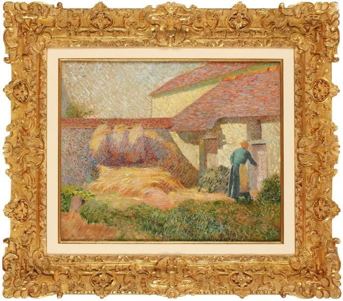 Henri DELAVALLEE (Reims 1862 - Pont-Aven 1943)
La ferme au toit jaune Sur sa toile d'origine. 38 x 46,5 cm Signé et daté en bas à gauche H delavallée 87. Provenance :  Collection Mélanie Rouat ; Vente anonyme, Brest, 10 mai 1998 (Mes Thierry et Lannon) n° 148, reproduit. Célèbre auprès du "Tout-Paris" pour ses talents culinaires, Mélanie Rouat ouvrit sa fameuse auberge à Riec-sur-Bélon, au début du XXe siècle. Amie des peintres, elle possédait une des plus belles collections privées de Bretagne. 