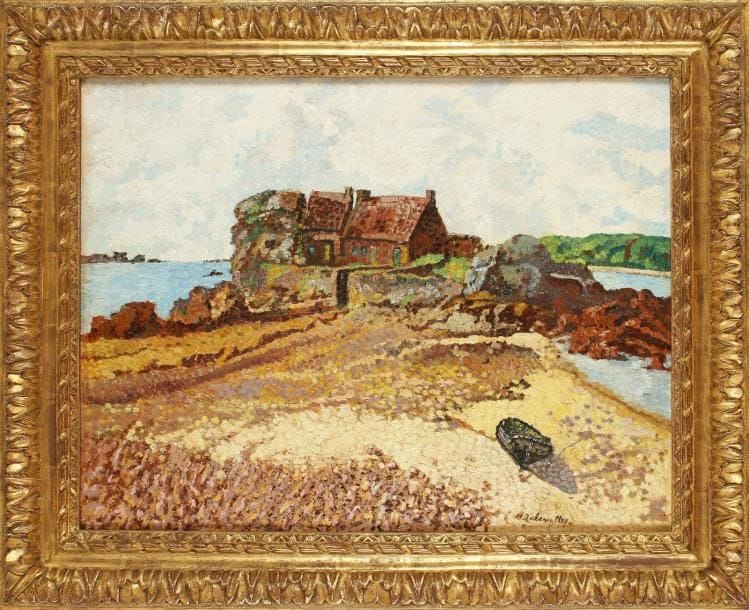 Henri DELAVALLEE  (Reims 1862 - Pont-Aven 1943)
La maison du pêcheur Papier marouflé sur panneau. 49,5 x 65 cm Signé en bas à droite H delavallée. Provenance :  Vente anonyme, Brest, 10 mai 1998  (Mes Thierry et Lannon) n°151, reproduit. 