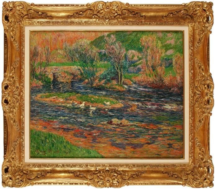 Henry MORET (Cherbourg 1856 - Paris 1913)
Le Vieux pont sur l'Aven, Finistère Sur sa toile d'origine. 60,5 x 73,5 cm Signé et daté en bas à gauche Henry Moret - 99 -. Titré sur le châssis Vieux pont sur l'Aven, Finistère, n° 2160. Provenance : Galerie Durand-Ruel, n° 5319 ; Vente anonyme, Paris, Hôtel Drouot, 6 juillet 1999 (Mes Chambelland-Giafferi-Doutrebente), n° 151, reproduit. Notre tableau sera inclus dans le Catalogue Raisonné de l'oeuvre peint par Henry Moret actuellement en préparation par M. Jean-Yves Rolland. Un certificat de Jean-Yves Rolland du 30 avril 1999 sera remis à l'acquéreur. 