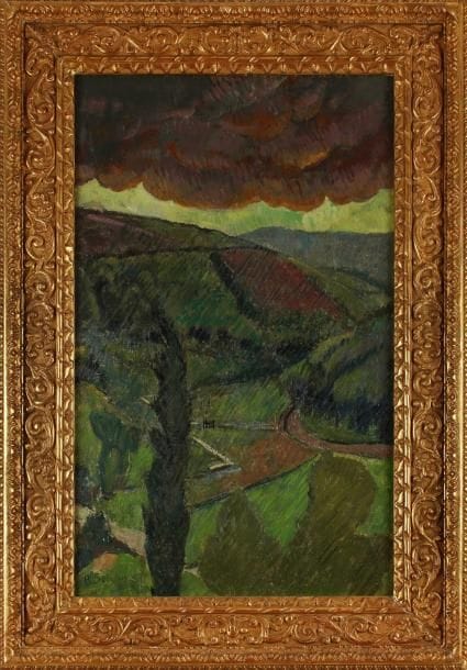 Paul SÉRUSIER (Paris 1863 - Morlaix 1927)
La Pluie Sur sa toile d'origine. 91,5 x 56 cm Signé et daté en bas à gauche P. Serusier / 9. Étiquette au revers : Galerie Druet Rue Royale, n° 7650. Provenance :  Galerie Eugène Druet, Paris, n° 7650 ; Vente anonyme, Nantes (Mes Couton et Veyrac), 24 mars 1998, n° 172 ; Vente anonyme, Paris, Hôtel Drouot, 21 juin 1999, (Me Charbonneaux), n° 84, reproduit.  Un certificat d'authenticité délivré le 6 septembre 2000 par Mme Georgette Guicheteau sera remis à l'acquéreur. 