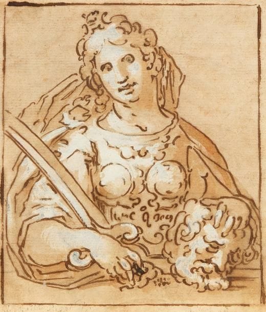 Attribué à Luca CAMBIASO (1527 - 1585)
Judith tenant la tête de Holopherne Plume et encre brune, lavis brun et rehauts de blanc. 16,1 x 13,8 cm