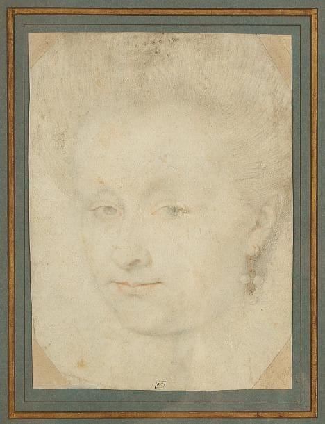 ÉCOLE FRANÇAISE DE LA FIN DU XVIE SIÈCLE
Portrait de femme Pierre noire, sanguine et rehauts de blanc. 19,5 x 14 cm Porte en bas au centre le cachet de la collection E. Calando (Lugt n° 837).