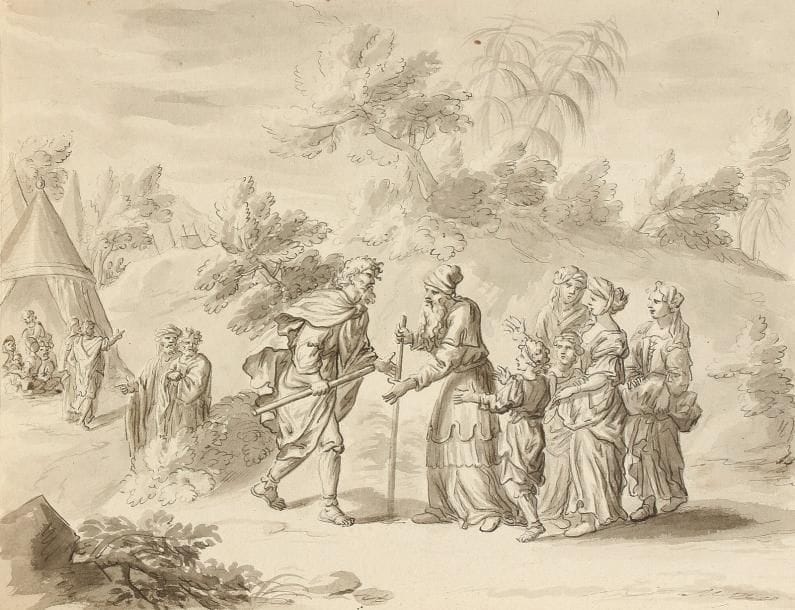 Attribué à Sébastien BOURDON (1616 - 1671)
Un homme et sa famille venant à la rencontre d'un groupe de personnes Plume et encre noire, lavis gris sur traits à la pierre noire. 18,6 x 23,9 cm