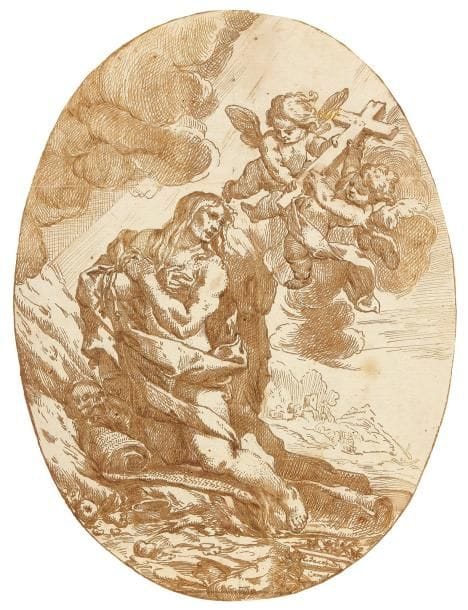 Lot de deux dessins Giacomo CAMPI (actif au XVIIe siècle)
La Vision de Marie Madeleine Plume et encre brune, 20,9 x 15,9 cm, ovale. Signé en bas à droite H. Jacobus / Campi. École ITALIENNE du XVIIIe siècle Herminie soignant Tancrède Plume et encre brune, 10 x 15,1 cm.