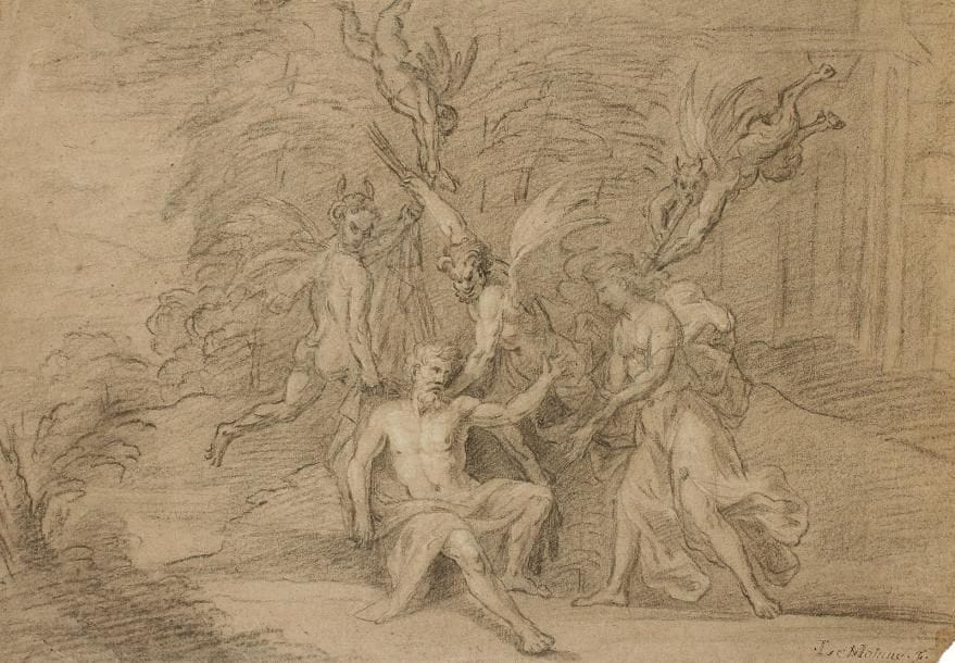 Attribué à François LEMOYNE (1688 - 1737)
La Tentation de Saint Antoine Pierre noire et rehauts de blanc sur papier gris. 26,5 x 38,7 cm Porte une inscription en bas à droite LeMinne F.