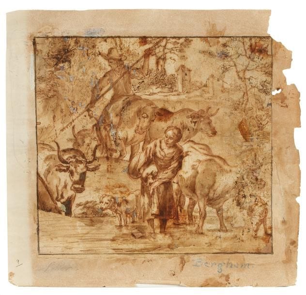 Lot de quatre dessins Domenico PIOLA (Gênes 1627 - 1703)
Une frise de figures Plume et encre brune, lavis brun, 8,8 x 23,5 cm. Usures. École NAPOLITAINE de la première moitié du XVIIe siècle Saint Barthélémy Plume et encre brune, encre ferro-gallique, 14 x 9,4 cm Titré en bas à gauche S. Bartholomeus. Manques. École GENOISE du XVIIe siècle Un couple de paysans faisant traverser un gué à leur troupeau Plume et encre brune, lavis brun, 17,6 x 19 cm. Annoté en bas sur le montage Patter et Berghem. Manques et usures. École VÉNITIENNE du XVIIIe siècle Une femme et son enfant Plume et encre brune, lavis brun, 11,9 x 8,1 cm