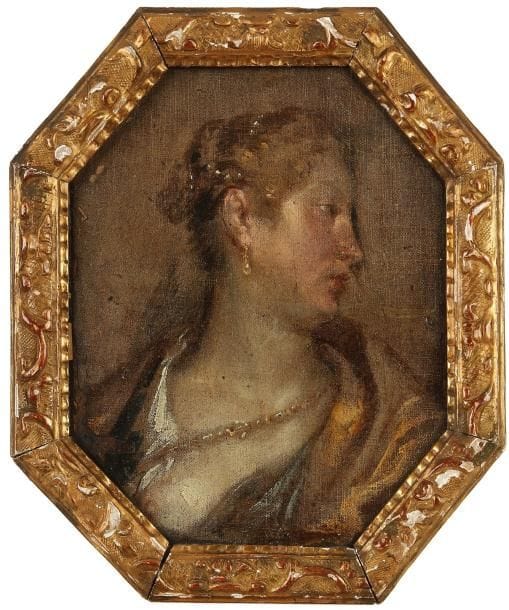 École VENITIENNE du XVIIe siècle
Portrait de femme Toile marouflée sur panneau. 24 x 19 cm, pans coupés.