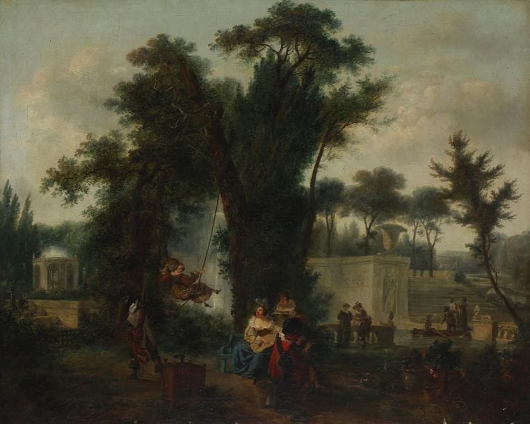 Jean-Louis DEMARNE (Bruxelles 1752 - Paris 1829)
Les Jeux dans un jardin.  Toile  Accident.  59 x 72,5 cm.  Élève du peintre d'histoire Gabriel Briard, Jean-Louis Demarne s'inspire comme Nicolas-Antoine Taunay et Jean-Frederic Schall, des peintres hollandais, en pleine vogue à Paris au début du XIXe siècle. Il effectue d'ailleurs avec Taunay un séjour en Suisse après son agrégation à l'Académie en 1783. Les noeuds des costumes des cavaliers dans Les Joyeux mousquetaires (Panneau, 28 x 34 cm) ou Corps-de-garde transformé en salle de bal (Panneau, 49 x 55,5 cm, conservé à la Wallace collection de Londres) rappellent ceux des oeuvres de Pieter Codde ou d'Anthonie Palamedesz (voir J. Watelin, Le peintre J.-L. De Marne 1752-1829, Paris, 1962, n° 859, reproduit n° LXI et n° 844). " L'évident pastiche de la peinture hollandaise " associé aux visages souriants des jeunes femmes rapproche aussi notre oeuvre des Galants militaires et de son pendant le Corps de garde (21 x 16 cm), deux toiles, non localisées, anciennement attribuées à Taunay et que Madame Lebrun-Jouve rend à Demarne en le comparant au tableau de la Wallace Collection (voir C. Lebrun-Jouve, Nicolas-Antoine Taunay (1755 - 1830), Paris, 2003, P.R. 29 et P.R. 30, reproduit).