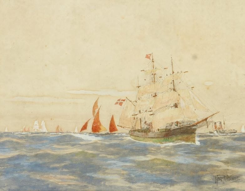 Harold WANE (1879-1900)
Voiliers au port ; Voiliers en mer Deux aquarelles et gouache. Signées en bas à droite. 24 x 31 cm