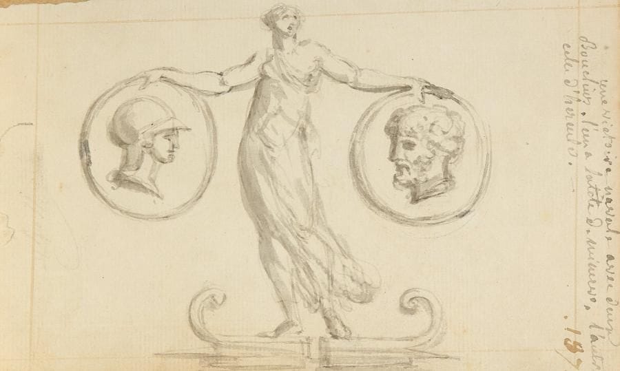 Lot de quatre dessins École FRANÇAISE vers 1900
Cinq femmes dans un parc Panneau, 33,5 x 49 cm Sans cadre. Anciennement attribué à Monticelli. Augustin ENFANTIN (Belleville 1793 - Naples 1827) Berger dans un paysage de montagne et de rivière Plume et encre brune, lavis brun, 12 x 18,5 cm. Signé et daté en bas à droite Enfantin 1826. Annoté au dos à la pierre noire. École FRANÇAISE du XVIIIe siècle Étude de figure de Victoire navale Plume et encre grise, lavis gris, 10,7 x 17,5 cm. Porte une inscription sur le côté droit à la plume une victoire navale avec deux boucliers. Lun a la tête de minerve ; L'autre cele d'hercule 187. Théodore VALERIO (Herserange 1819 - Vichy 1879) Un hussard à cheval dans un paysage Mine de plomb, 18,8 x 16 cm. Signé en bas à droite Valerio.