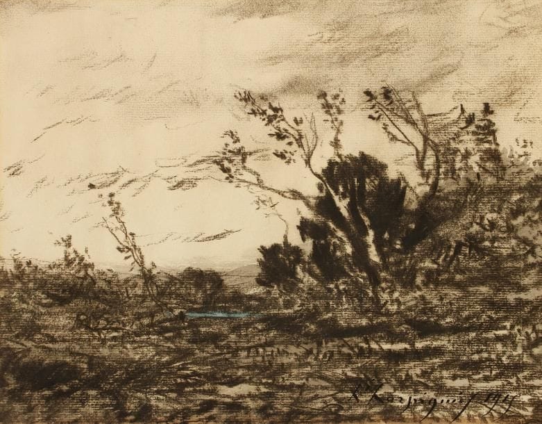 Henri HARPIGNIES (Valenciennes 1819 - Saint Privé 1916)
Paysage Pierre noire. 22 x 18 cm Signé et daté en bas à droite h. harpignies 1915 Nous remercions Madame Anne Hellebranth pour la confirmation de l'attribution de ce dessin.
