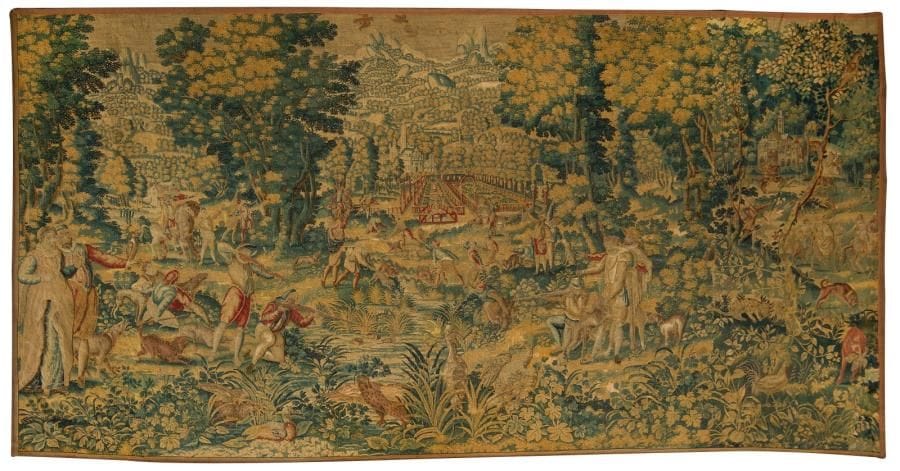 FLANDRES
Panneau en tapisserie figurant une scène de chasse dans une perspective paysagée de parc. XVIIe siècle. (Manque la bordure, restaurations et faiblesse de trame). 240 x 440 cm