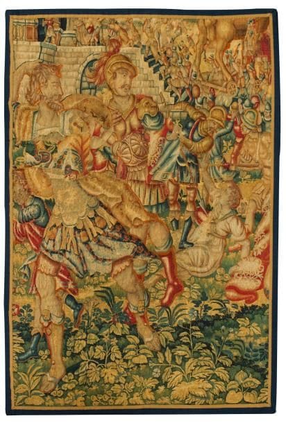 FLANDRES
Panneau en tapisserie représentant un épisode de la mythologie grecque : Le cheval de Troie XVIIe siècle. (Restaurations et manque la bordure). 185 x 137 cm